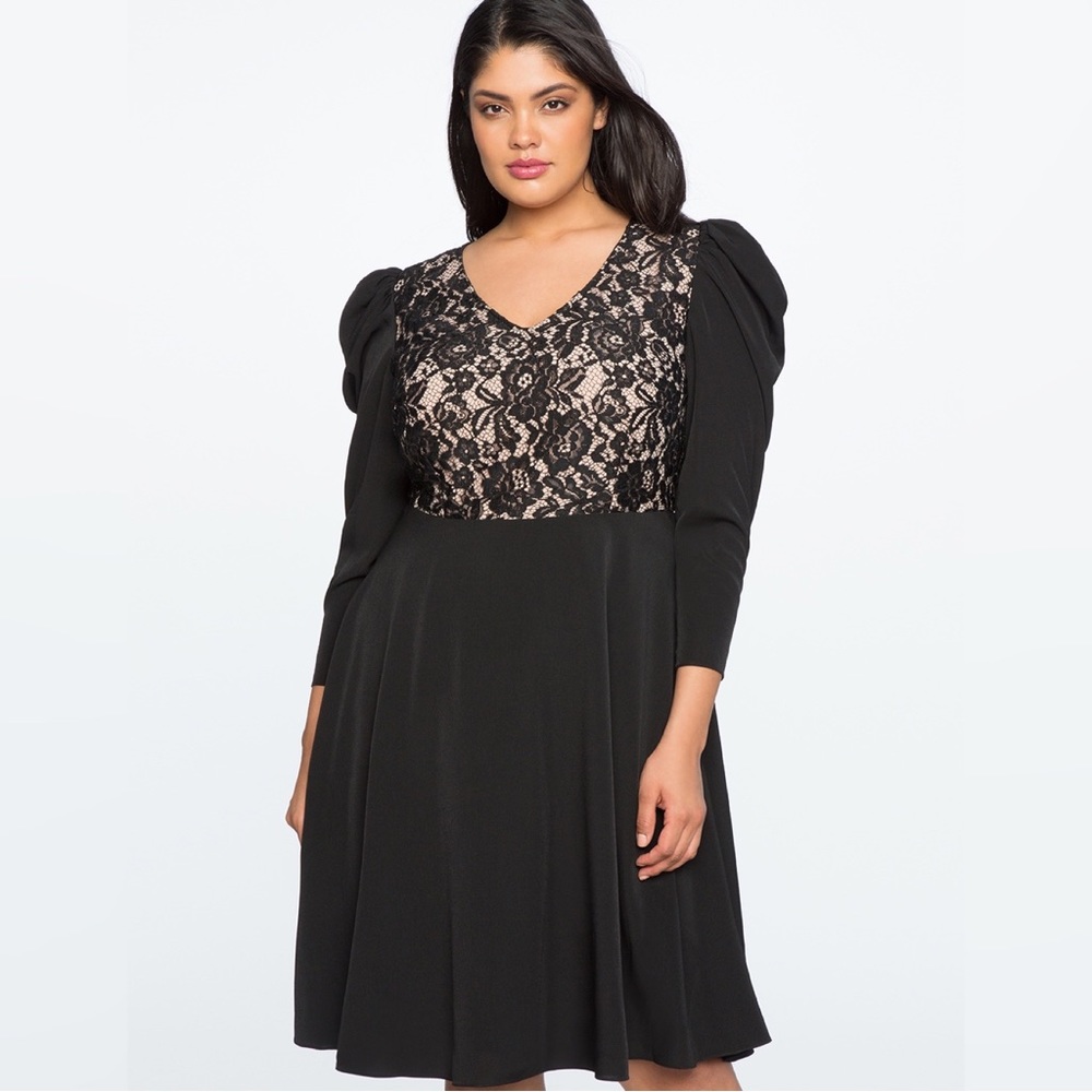 ELOQUII Lace Front Fit & Flare Black and Cream Dress Size 20.